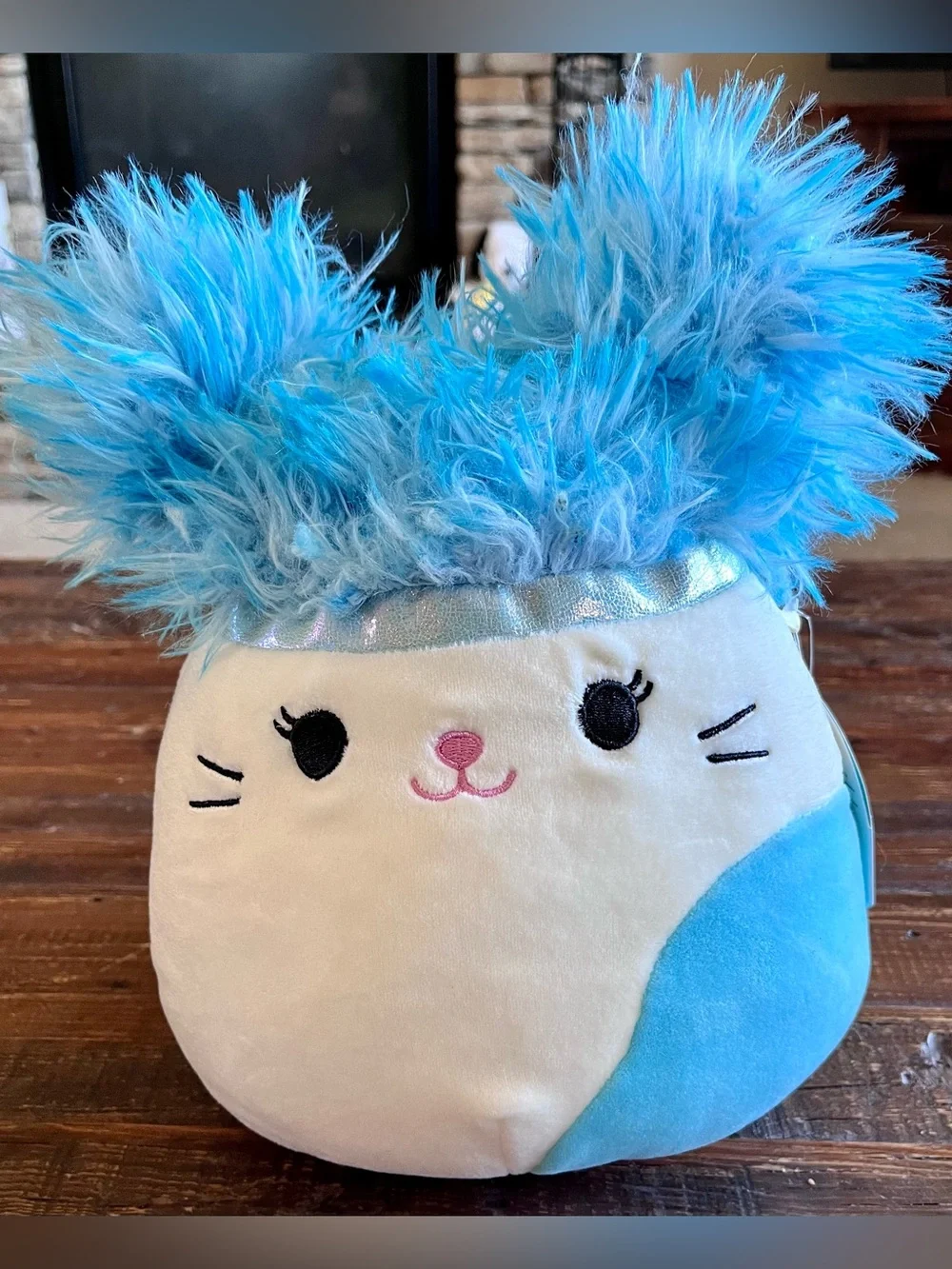 KellyToy Squishmellow Cora Calico Cat Squish-Doos Blue /White Fluffy Ears 10”NWT